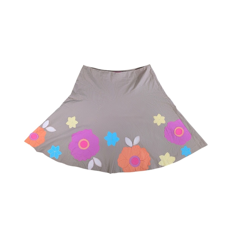 Sunny Leigh Gingham Floral Applique A-Line Skirt Brown White Pink Sz 12 Vintage